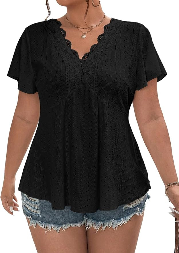 Eytino Womens Plus Size Tops Lace Crochet V Neck Short Sleeve Eyelet Blouse Loose Casual Summer P... | Amazon (US)