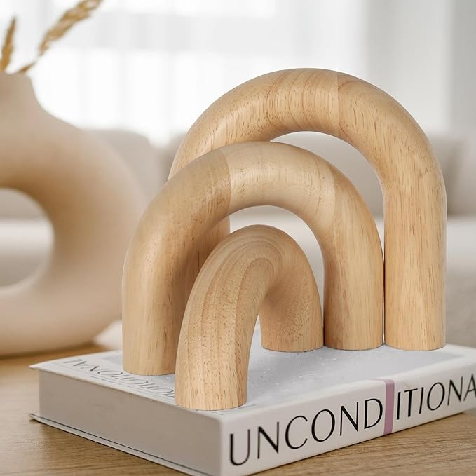 3 Pieces Wood Arch Decor, Wooden Coffee Table Decor, Neutral Home Decor Accents, Aesthetic Booksh... | Amazon (US)