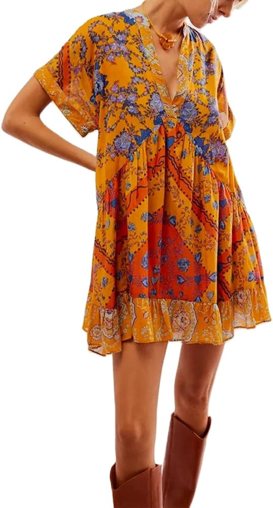 Women Bohemian Floral Mini Dress Boho Puff Sleeve V Neck Dress 2024 Summer Beach Short Dress | Amazon (US)