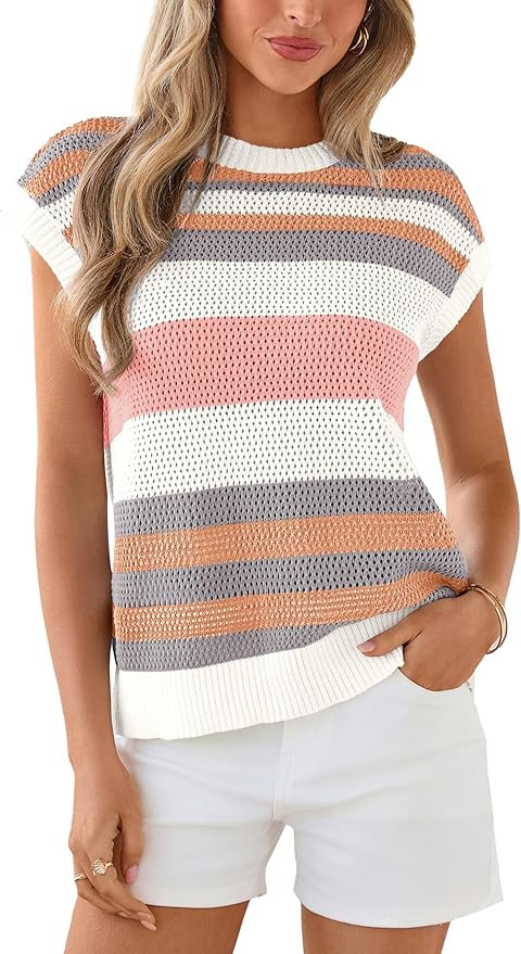 dowerme Womens Spring Tank Tops 2026 Cute Cap Sleeve Crewneck Color Block Crochet Sweater Vest St... | Amazon (US)