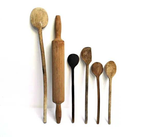 Set 6 Vintage Hand Carved Wooden Spoon Mixing Spoon Handmade Cooking Utensils Kitchen Gadget Mismatc | Etsy (US)