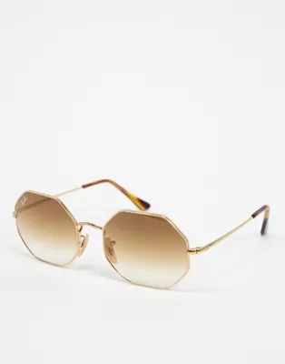 Ray-ban octagon sunglasses in gold with brown lens ORB1972 | ASOS (Global)