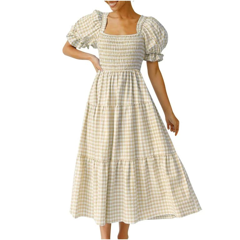 Womens Summer Dress Comfy Square Neck Puff Sleeve Ruffle Layered Dresses Trendy Print Elastic Wai... | Walmart (US)