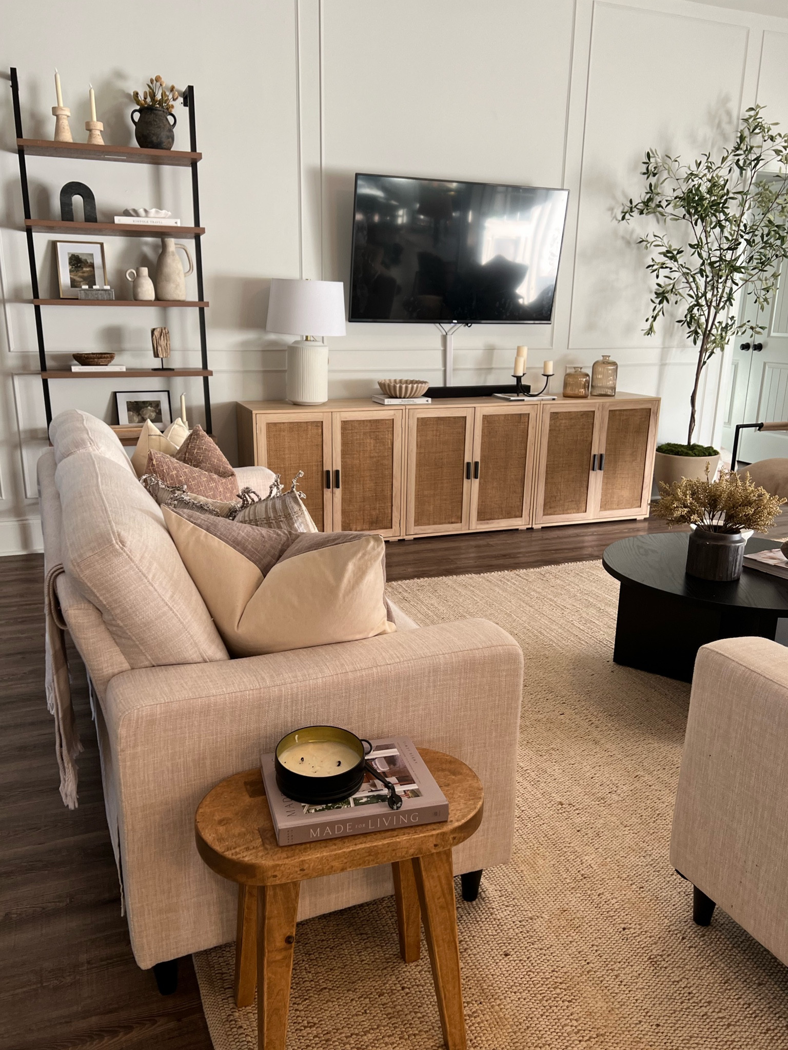 LIVING ROOM

visit amazon storefront for:
+ console cabinet(s)
+ coffee table
+ olive tree

homegoods
+ ribbed vases