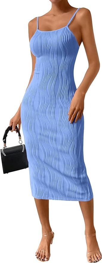 PRETTYGARDEN Women's Sexy Midi Bodycon Dress 2024 Summer Spaghetti Strap Sleeveless Knit Party Ti... | Amazon (US)