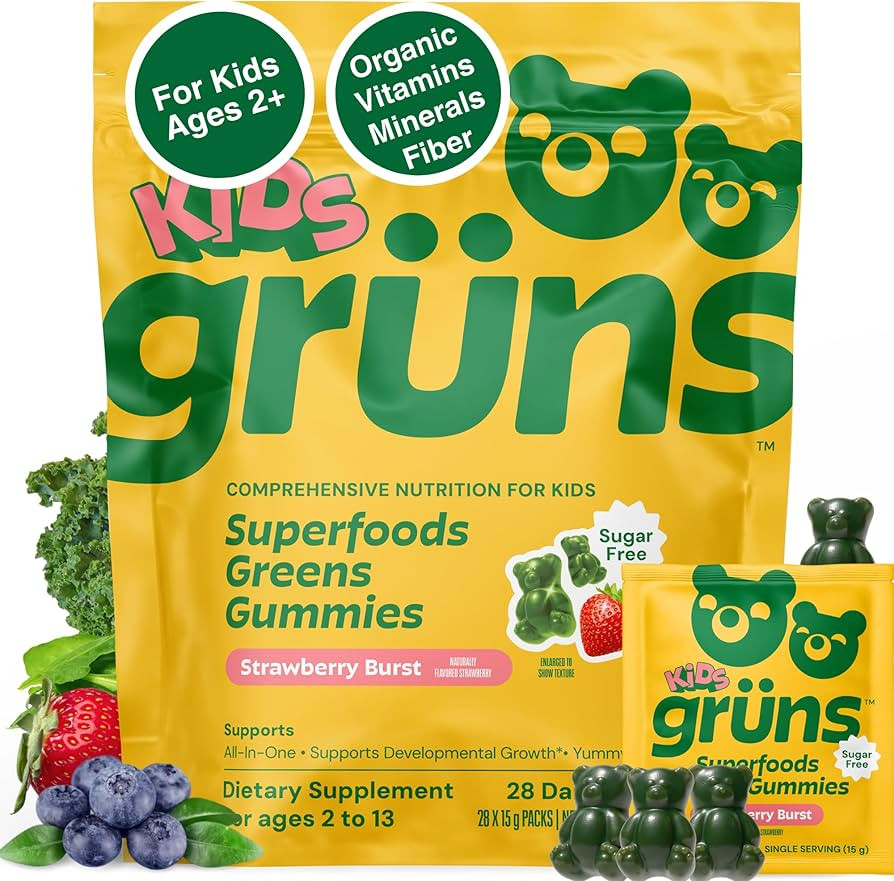 Gruns Multivitamin for Kids, Sugar-Free, Super Greens Superfood Gummy Bears with 20 Vitamins & Mi... | Amazon (US)