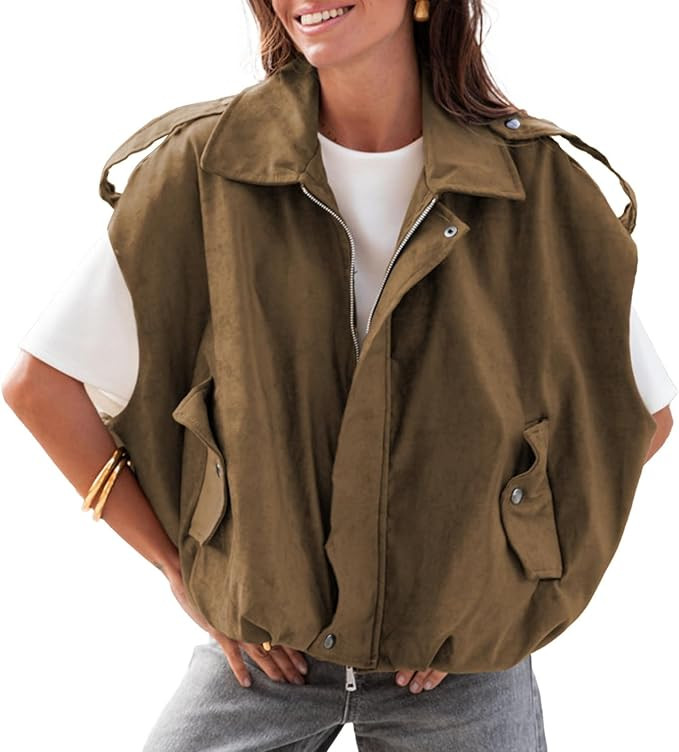 Womens Faux Suede Vest Oversized Cap Sleeve Bomber Jackets Casual Lapel Collar Vest Coats Streetw... | Amazon (US)