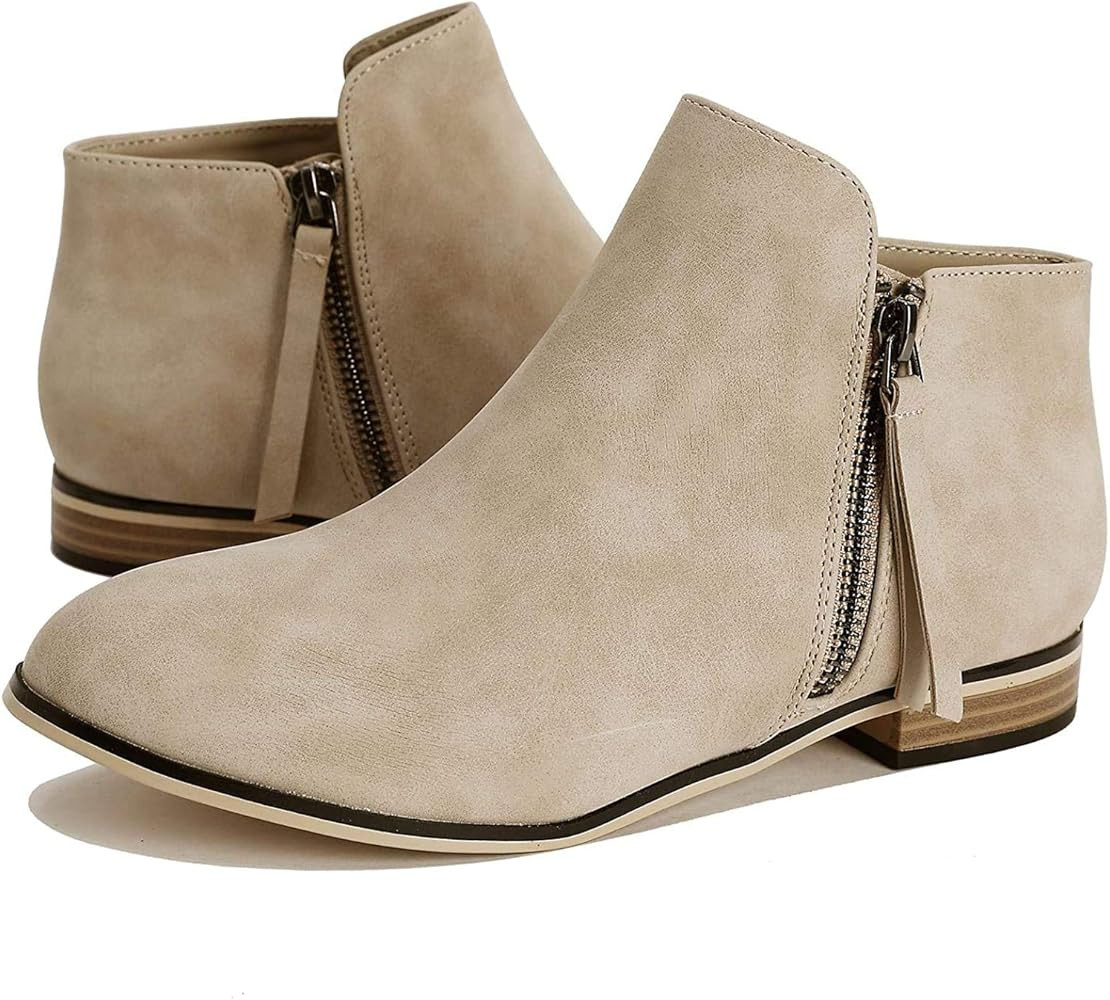 Mafulus Womens Ankle Boots Round Toe Faux Leather Stacked Low Heel Side Zipper Winter Booties | Amazon (US)