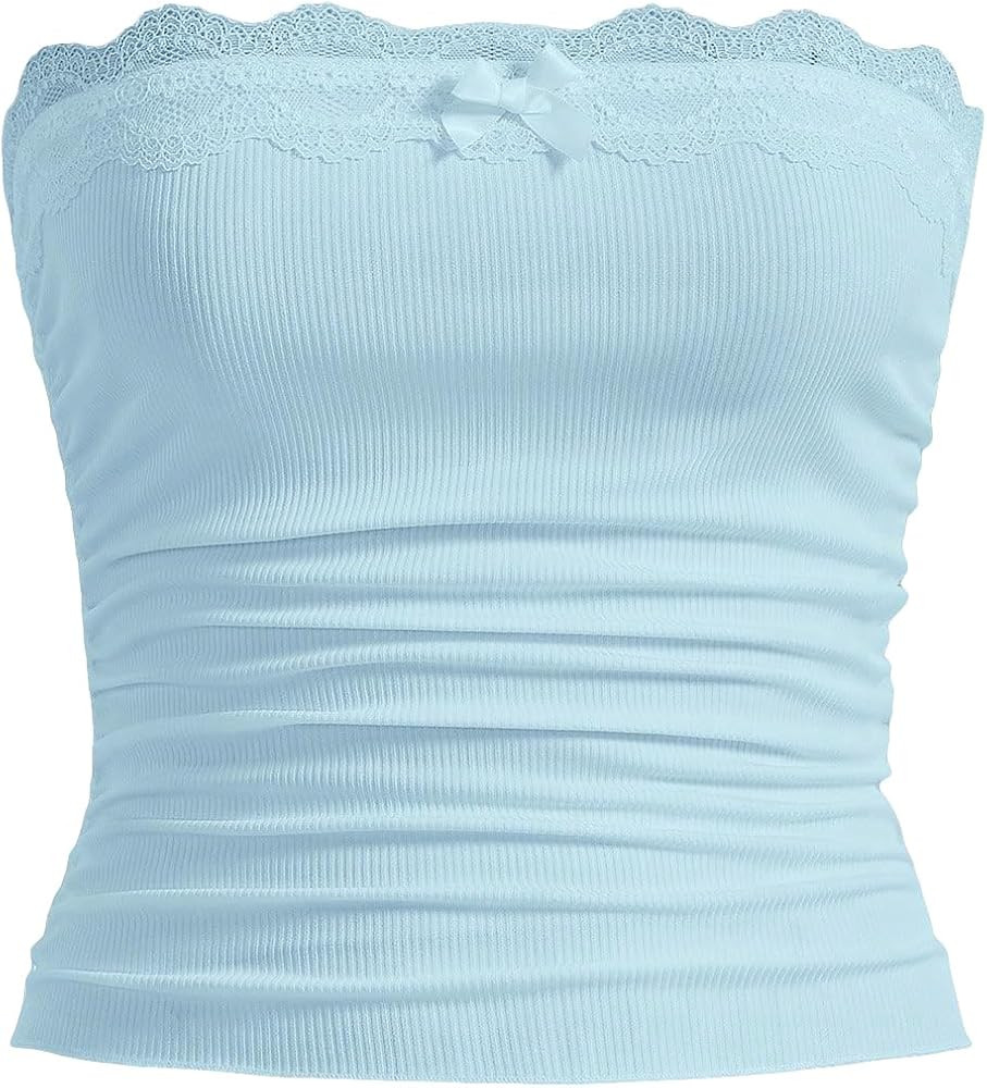 SOLY HUX Women's Lace Trim Ruched Bandeau Crop Tube Tops Bowknot Front Strapless Summer Tops Plai... | Amazon (US)
