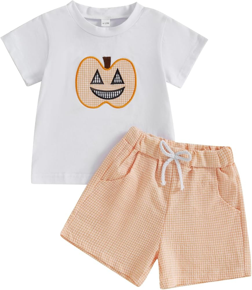 Toddler Boy Halloween Outfit Pumpkin Embroidery Short Sleeve Shirt Plaid Shorts Toddler Boy Hallo... | Amazon (US)