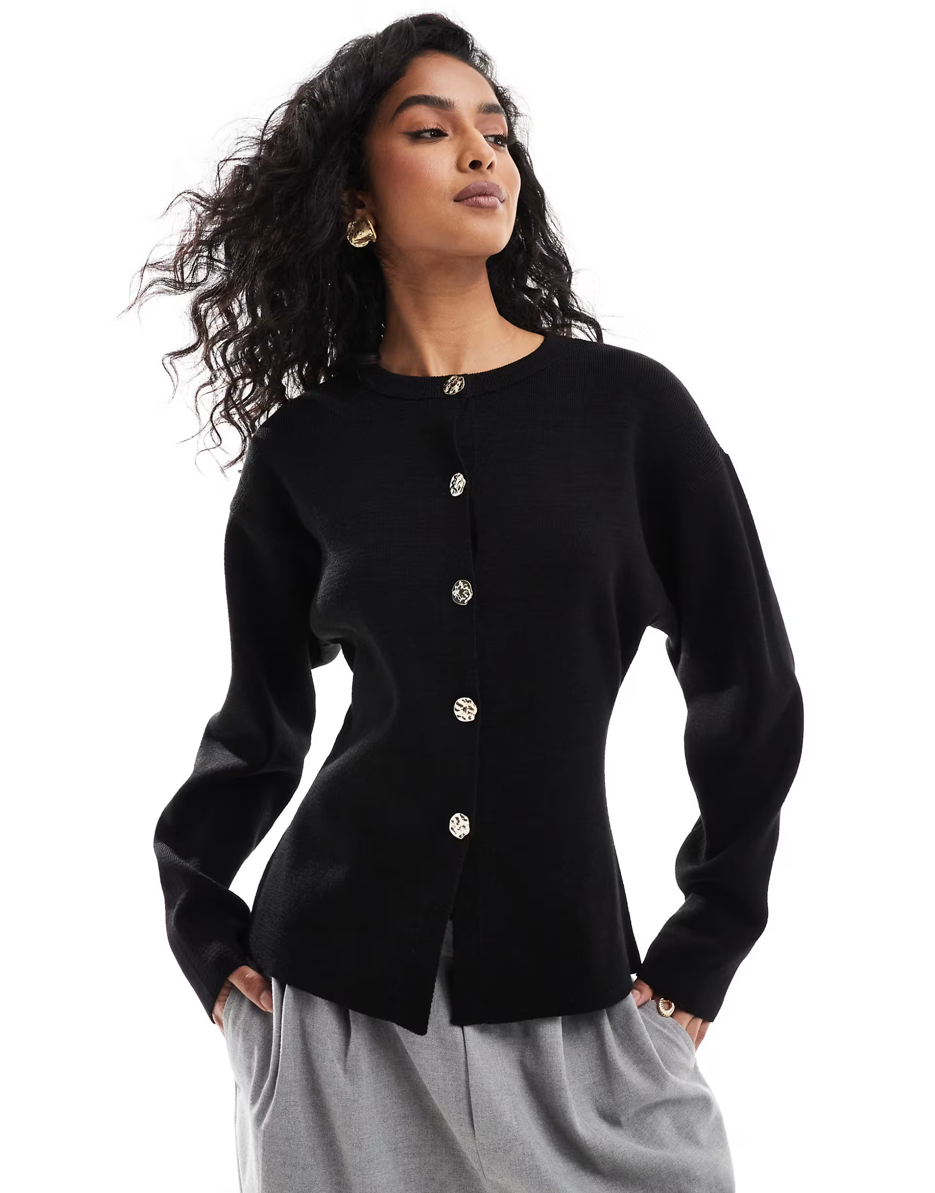 ASOS DESIGN knitted structured crew neck cardigan with gold buttons in black | ASOS | ASOS (Global)