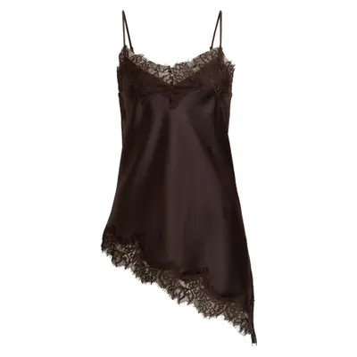 Open Edit Asymmetrical Lace Satin Tank in Brown Seal at Nordstrom, Size Large | Nordstrom