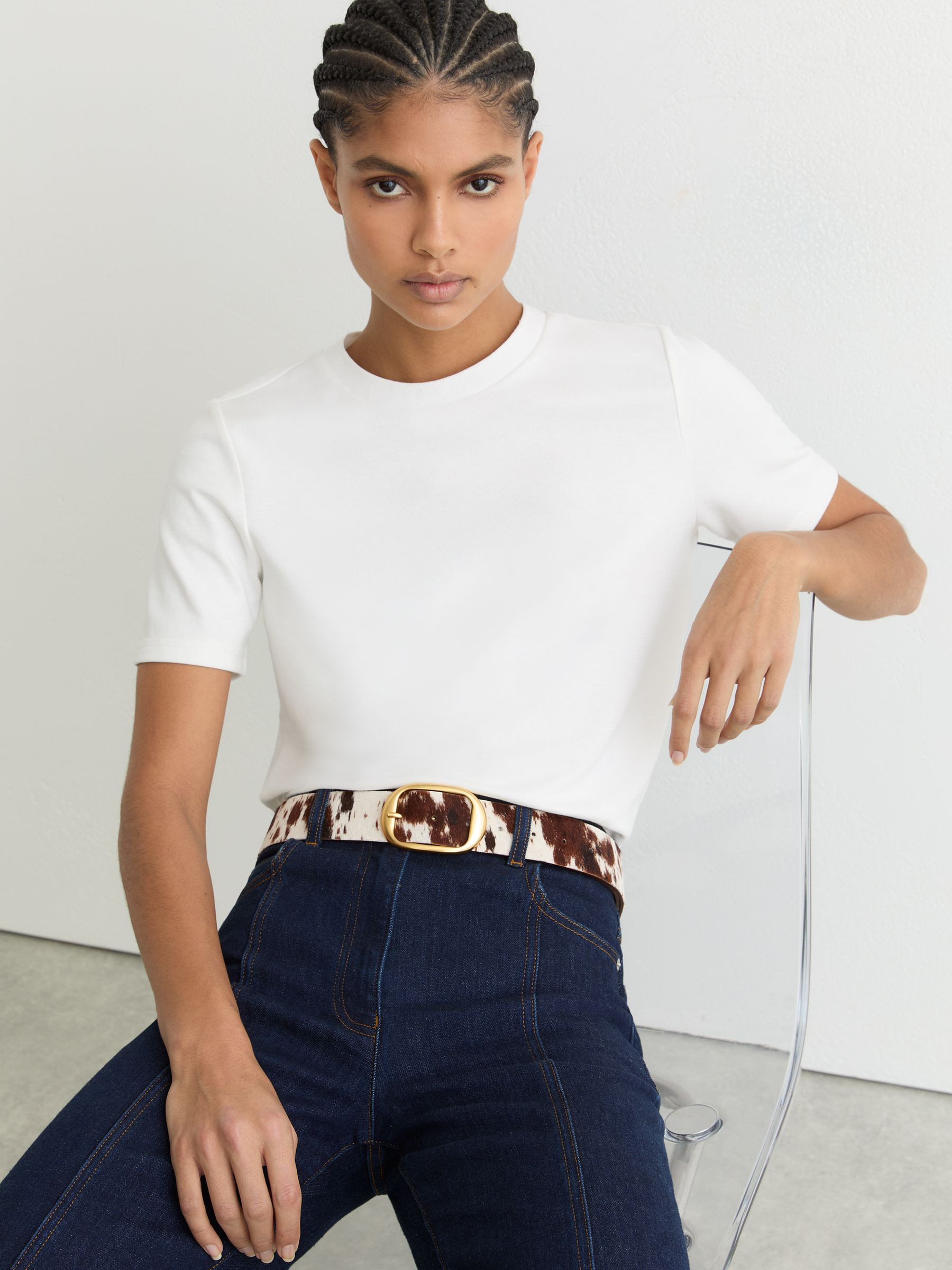 Reiss Pony Hair Cow-Print Oval-Buckle Belt in Animal | REISS | Reiss US