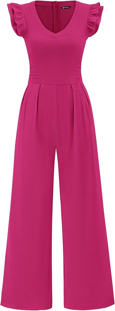 PRETTYGARDEN One Piece Jumpsuits For Women Dressy Ruffle Cap Sleeve V Neck Ribbed Knit Wide Leg R... | Amazon (US)