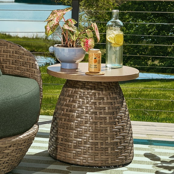 Beautiful Wicker Outdoor Side Table with Faux Wood Top by Drew Barrymore, Brown | Walmart (US)