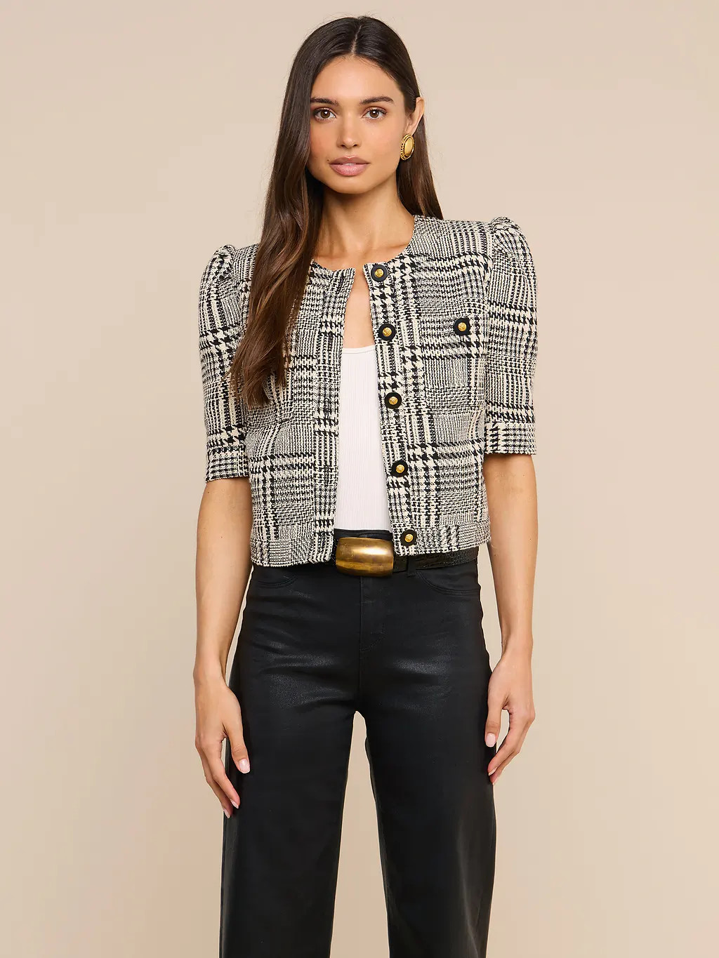 Allegra Cropped Tweed Jacket in Black/White Glen Plaid | L'AGENCE | L'Agence