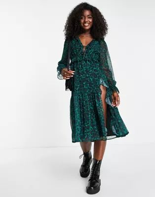 Miss Selfridge chiffon frill detail midi dress in green animal | ASOS (Global)
