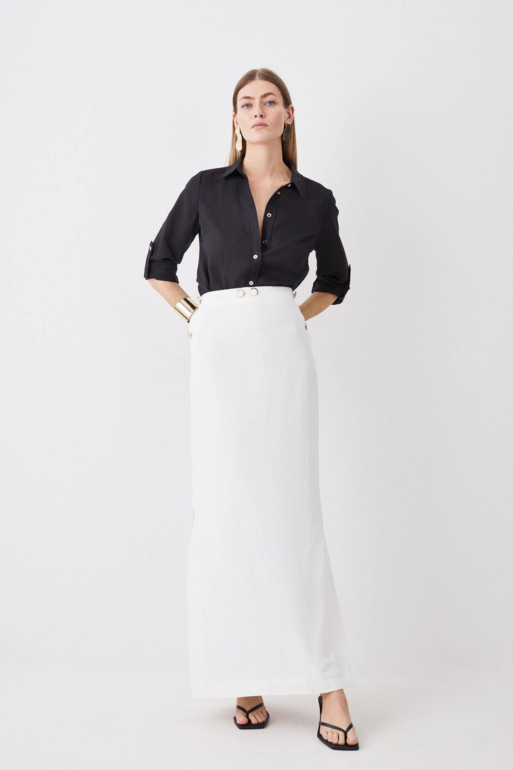 Linen Nautical Button Detail Midi Skirt | Karen Millen UK + IE + DE + NL
