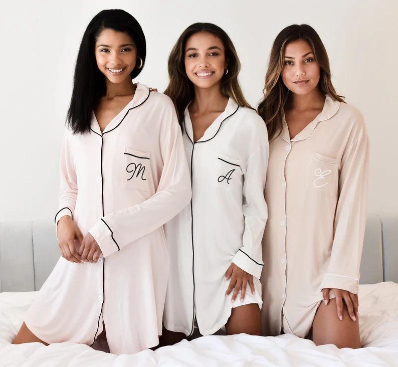 Pink Pajama Shirts for Women Sleep Shirts Monogram Pajamas for Bridesmaids Monogram Button Down S... | Etsy (US)