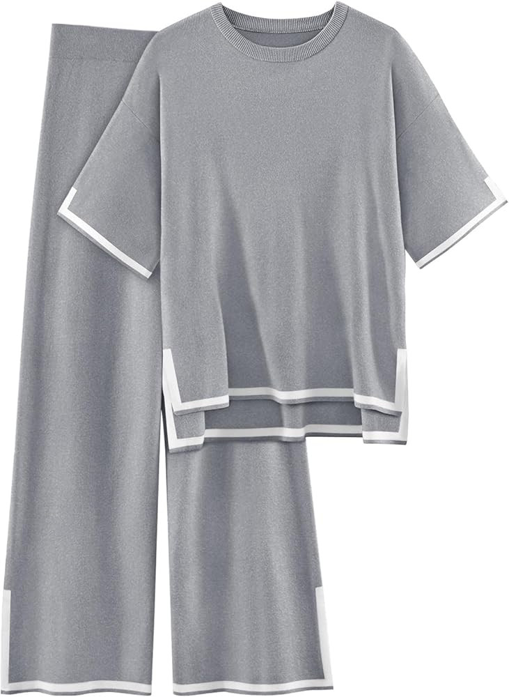 LILLUSORY 2 Piece Lounge Sets Women's Short Sleeve Knit Top Wide Leg Pants Sets | Amazon (US)