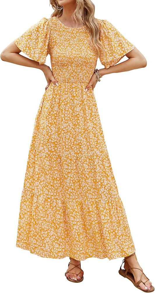 ZESICA Women's 2025 Summer Casual Floral Print Short Flutter Sleeve Crew Neck Smocked High Waist ... | Amazon (US)