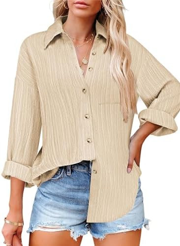 HOTOUCH Womens Button Down Shirts Long Sleeve Dress Shirt Textured Collared Work Blouse Dressy Ca... | Amazon (US)