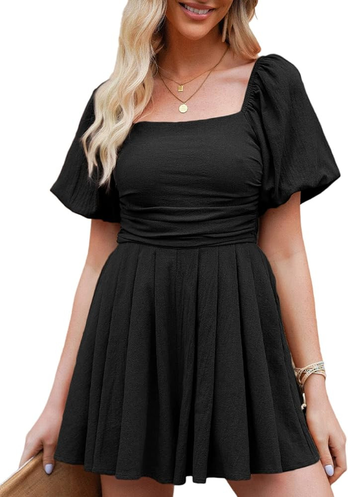 AlvaQ Womens Summer Cute Puff Sleeve Elastic Square Neck Mini Short Romper with Pockets | Amazon (US)