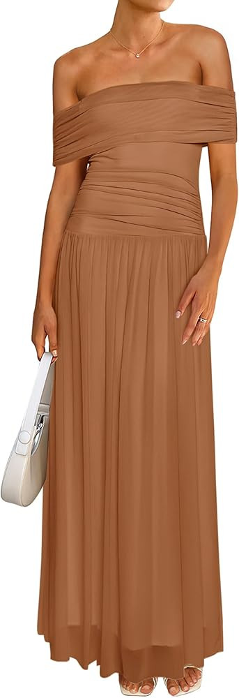 MASCOMODA Women Off The Shoulder Mesh Maxi Dress Bodycon Ruched Formal Sleeveless Pleated Cocktai... | Amazon (US)