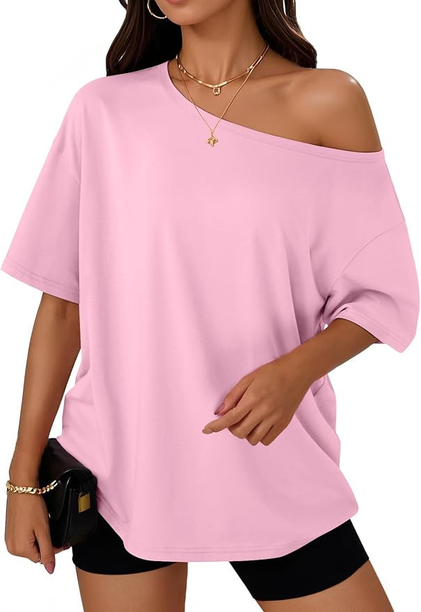 Trendy Queen Womens Off The Shoulder Tops Oversized T-Shirts Short Sleeve Tees Summer 2026 Casual... | Amazon (US)