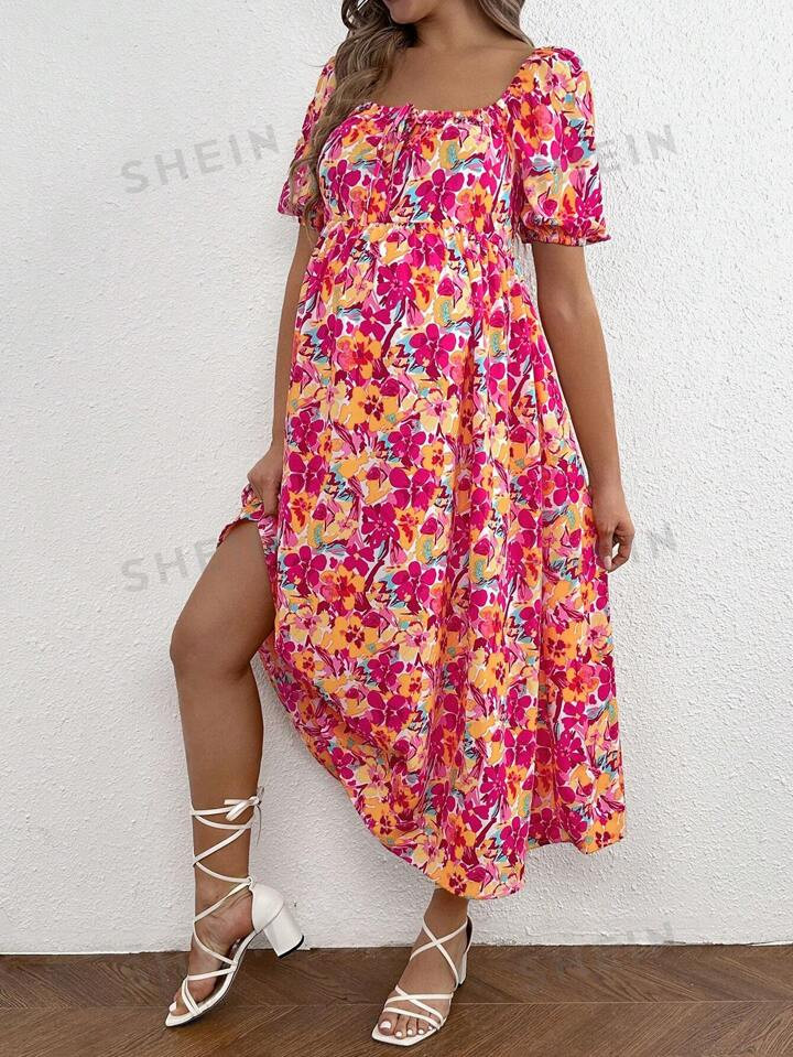 SHEIN Maternity Floral Print Short Puff Sleeve Dress | SHEIN