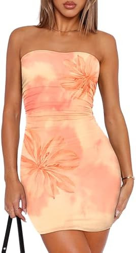 OFEEFAN Summer Dresses for Women 2025 Strapless Ruched Party Club Bodycon Mini Dress | Amazon (US)