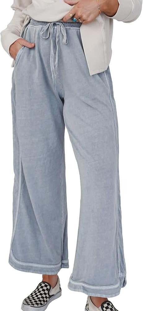 Hixiaohe Women's Casual Wide Leg Sweatpants High Waist Baggy Acid Wash Pants Drawstring Athletic ... | Amazon (US)