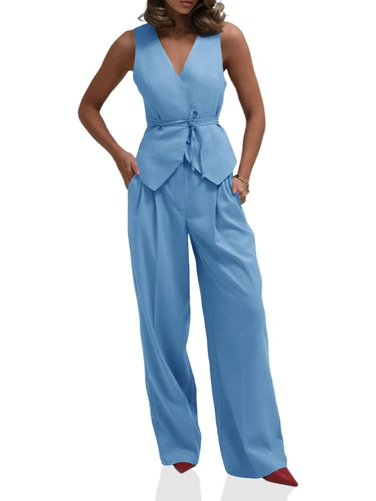 Cicy Bell Womens 2 Piece Outfits V Neck Tie Waist Blazer Vest and Wide Leg Business Casual Suit P... | Amazon (US)