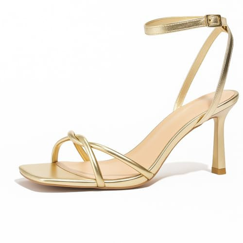 Oilyong Womens Sandals Strappy Kitten Heels for Women Square Open Toe Gold Strappy Heels Comfortable Gold Heels for Party, Wedding and Daily Wearing, Size 7.5 | Amazon (US)