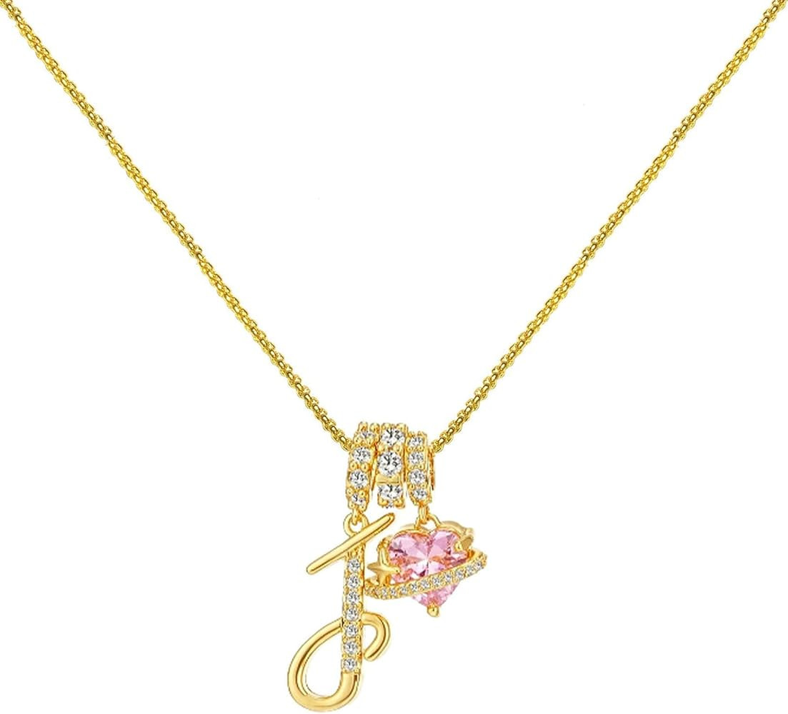 3-Circle Pink Heart-Shaped Diamond-Encrusted Crystal Gold Initial A-Z Pendant Necklace Double Lay... | Amazon (US)