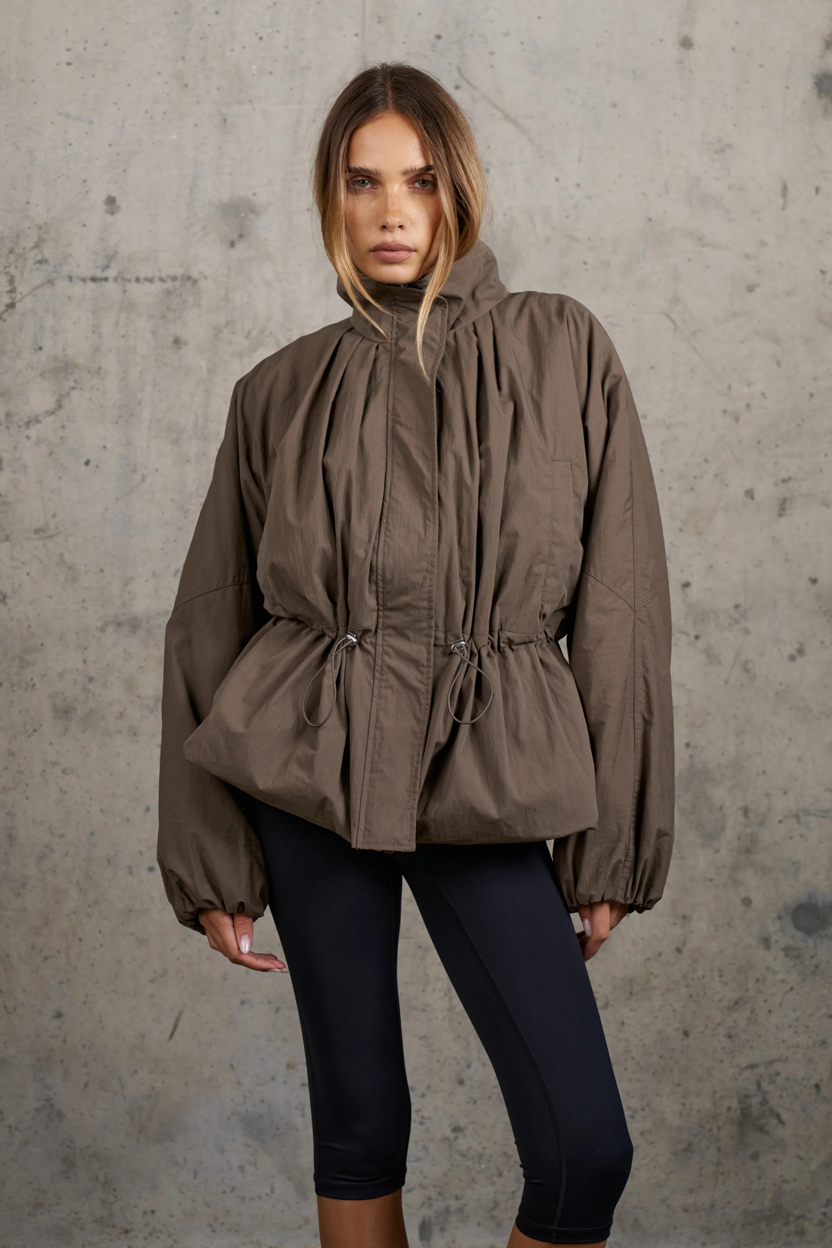 CINCHED WAIST FUNNEL NECK PADDED JACKET - BROWN | The Couture Club