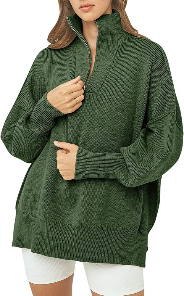 Caracilia Women's Long Sleeve 1/4 Zipper Collar Oversized Sweater Slouchy Knit Sweatshirt Drop Sh... | Amazon (US)