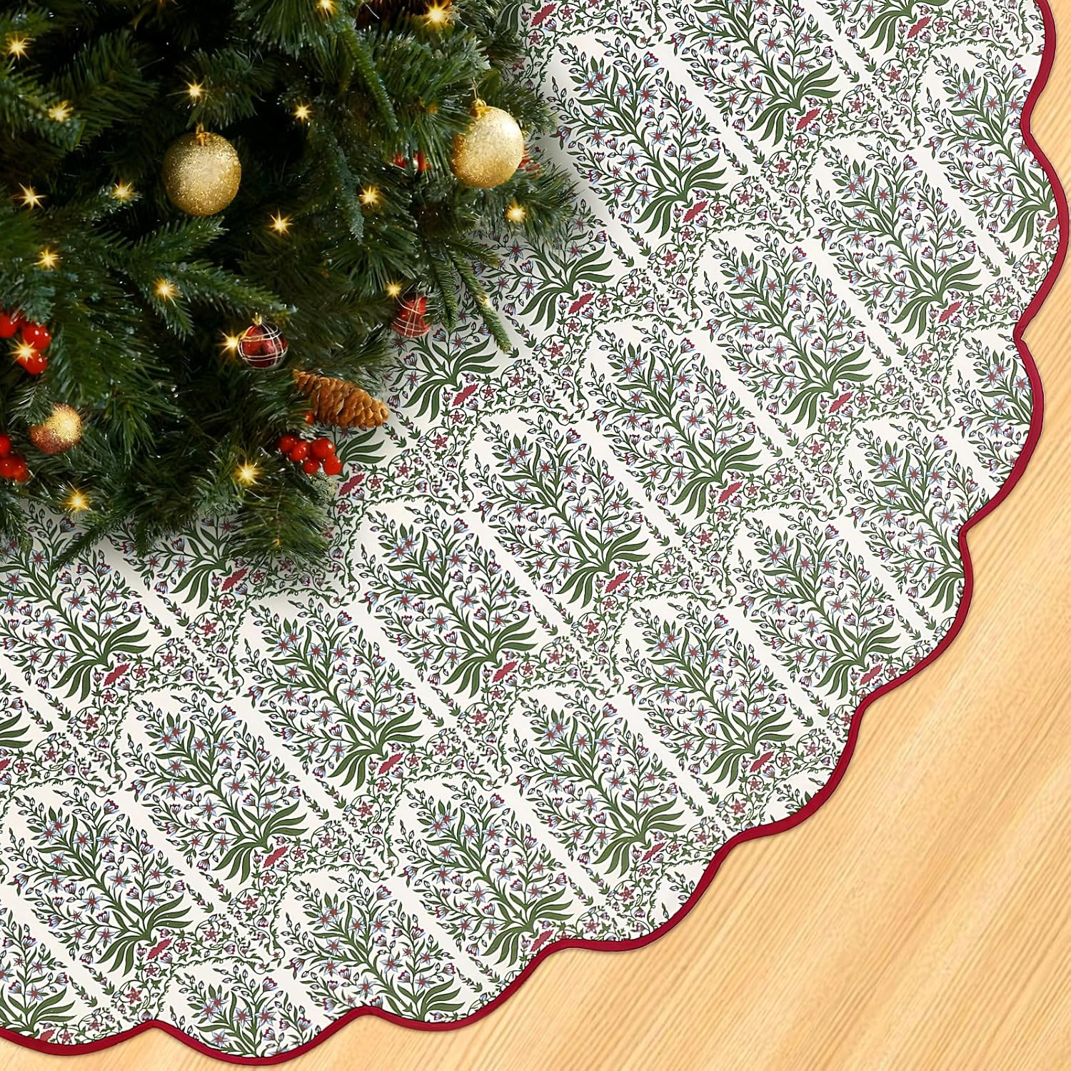 60 Inch Christmas Tree Skirt Vintage Red Floral Block Print Tree Skirts with Scalloped Edge, Clas... | Amazon (US)