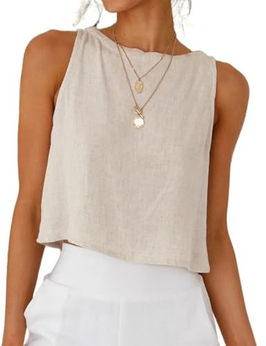 IDEALSANXUN Linen Tops for Women 2026 Spring Summer Tops Cotton Linen Clothes Cropped Shirts Blouses, Beige, L | Amazon (US)