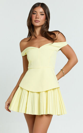 Izara Mini Dress - Off Shoulder Pleated Dress in Lemon | Showpo (US, UK & Europe)