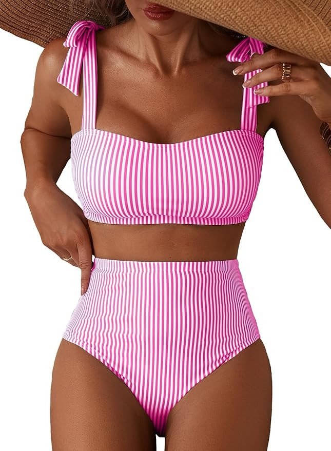 Herseas Women's Tie Shoulder Bikini Sets 2 Piece Striped Swimsuits High Waisted Bathing Suits | Amazon (US)