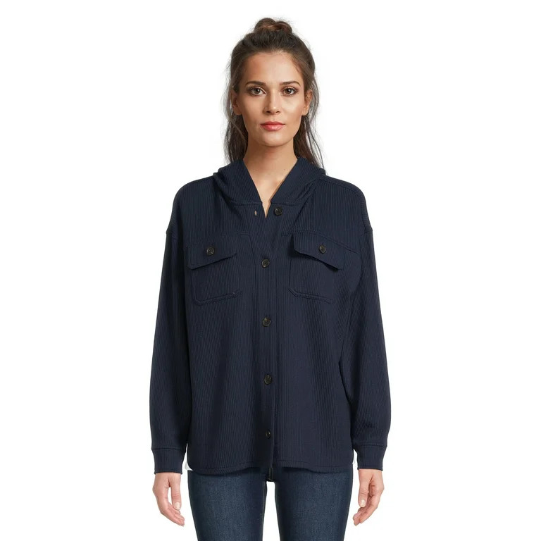 Time and Tru Women's Rib Hooded Shacket, Sizes S-XXXL - Walmart.com | Walmart (US)