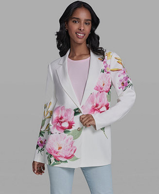 KARL LAGERFELD PARIS Women's Placed Floral Printed Collared Blazer, Regular & Petite - Macy's | Macy's