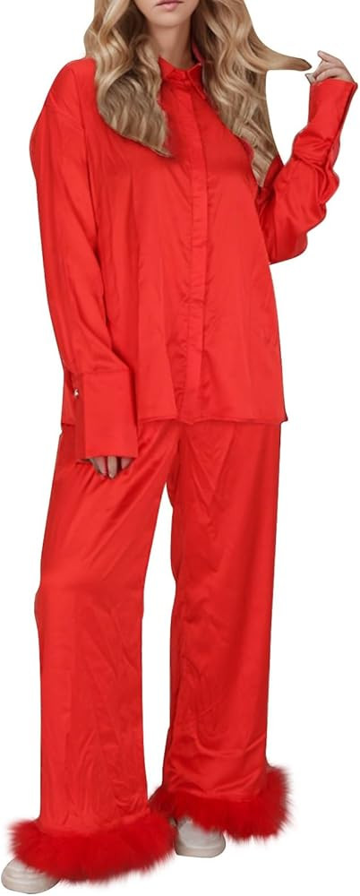 Silk Feather Trim Pajamas 2 Piece Pajama Set Galentines Day Outfit Satin Long Sleeve Shirt Pants ... | Amazon (US)
