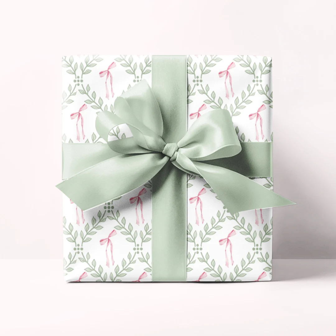 Greenery Lattice Pink Bows Wrapping Paper, Girly Preppy Grand millennial gift wrap | Etsy (US)