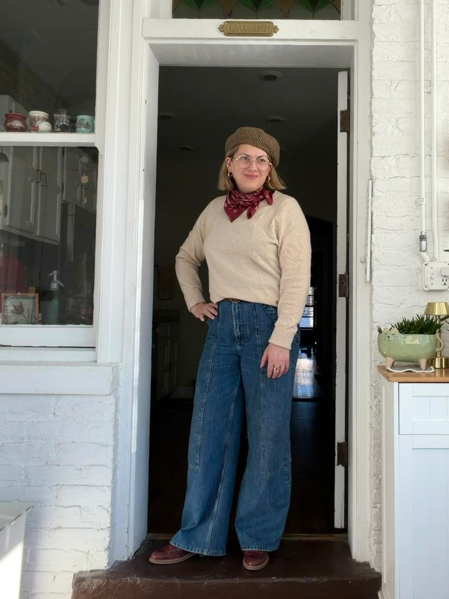 Thursdayyyyy… felt like this one needed the hat. 🤍 Unlinkables: Hat is vintage. Scarf is silk from Madewell. Sweater is thrifted J. Crew. Shoes are Pikolinos. Close matches linked where possible. 

#LTKootd #LTKOver40 #LTKMidsize