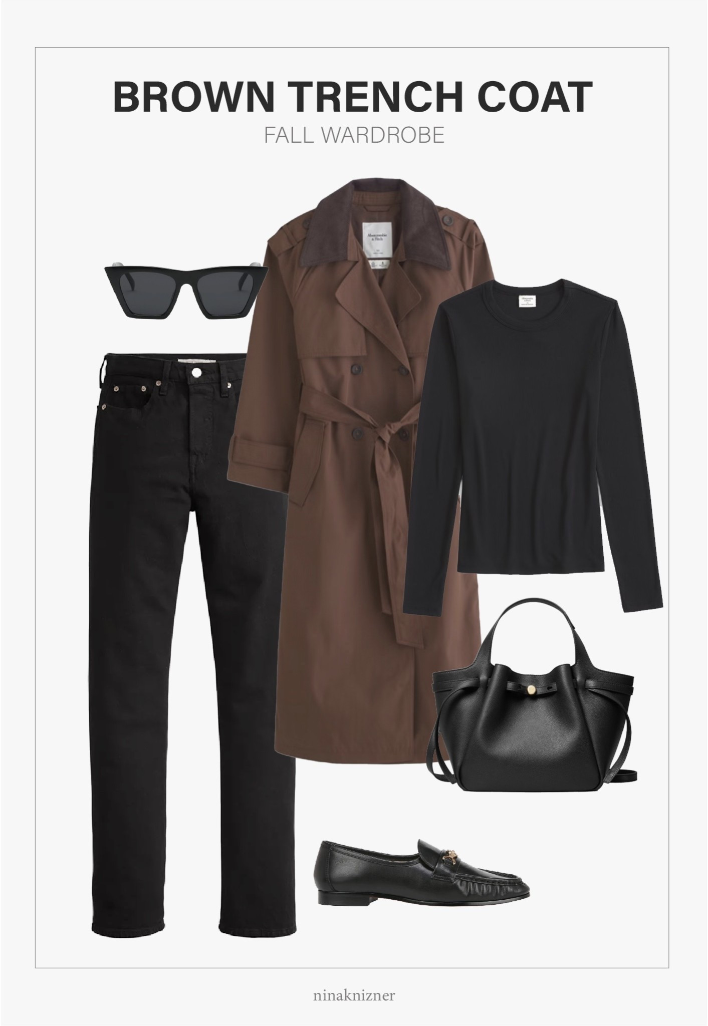 Color crushing on this chocolate brown trench coat…

Pairing it with black for a sleek, elevated casual look. Have been wearing this rib long-sleeve all season long…great quality and super comfy. Love pairing a straight leg ankle jean with loafers, and let’s not mention this top handle/crossbody bag. Had to get it the minute I saw it! The material is top quality..

Searching for the perfect penny loafer right now, and loving the Lucca, it’s on my wishlist.

- Amazon Square Cateye Sunglasses in black
- Levi’s Wedgie straight leg jeans in black
- Abercrombie Classic Trench Coat in brown 
- Abercrombie Long-Sleeve Rib Baby Tee in black 
- Tory Burch Romy Pebble Leather Bucket Bag in black 
- Sam Edelman Lucca Loafer in black

#blackfriday #cybermonday #LTKFall #trench #trenchcoat #browntrenchcoat #brown #black #jeans #blackjeans #toryburch #leather #leatherbag #blackleatherbag #bucketbag #highrisejeans #straightlegjeans #denim #cateyesunglasses #riblongsleeve #casual #elevated #LTKStyleTip 

#LTKSeasonal #LTKCyberWeek