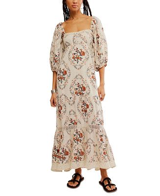 Women's All The Attitude Printed Lace-Trim Balloon-Sleeve Cotton Maxi Dress | Macy's