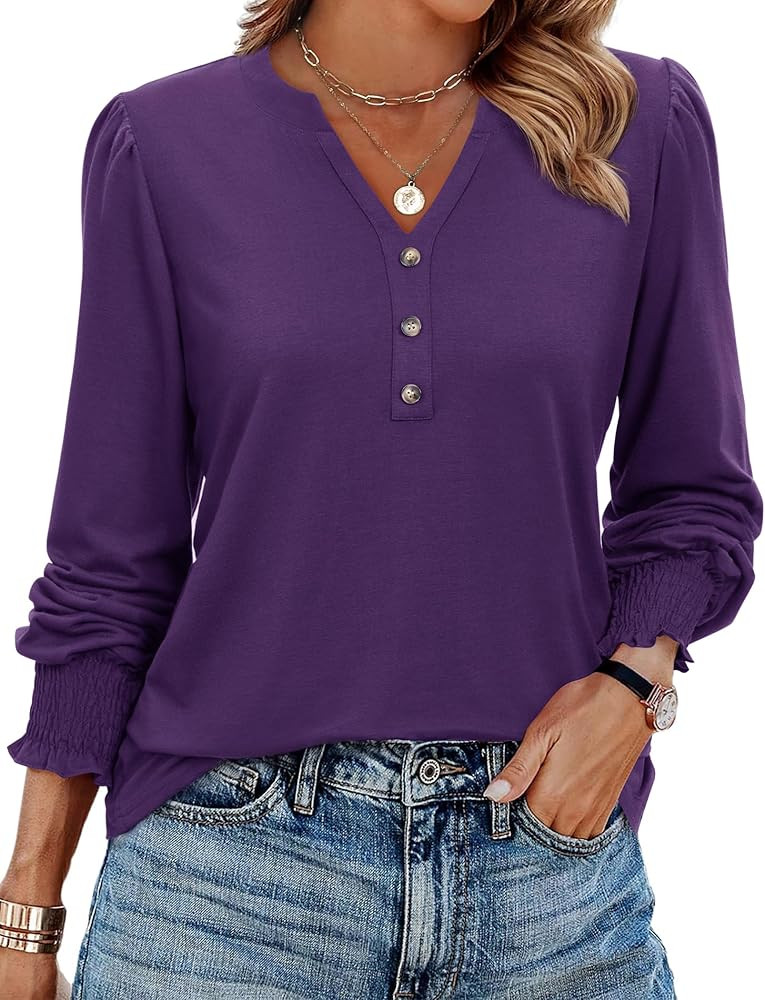 Womens Tunic Tops Dressy Casual Long Sleeve Henley V Neck Shirts for Women Button Up Blouse | Amazon (US)