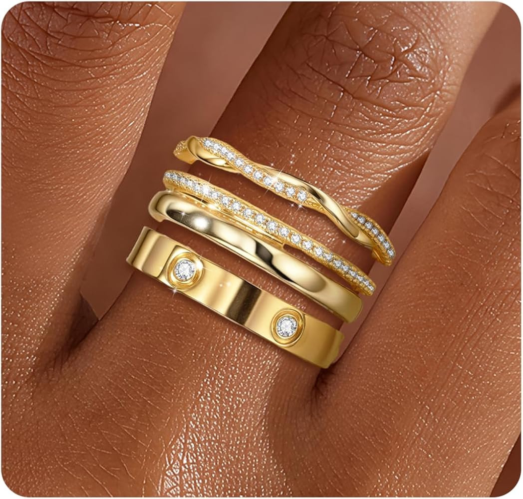 Stackable Rings for Women Non Tarnish 14k Gold Plated Rings Twist Gold Ring Stack Cubic Zirconia ... | Amazon (US)